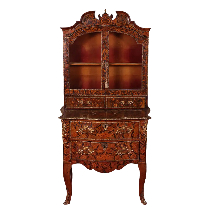 Louis XV Marquetry Vitrine on Chest with floral marquetry, glazed doors, drawers, and cabriole legs, Dutch circa 1730.