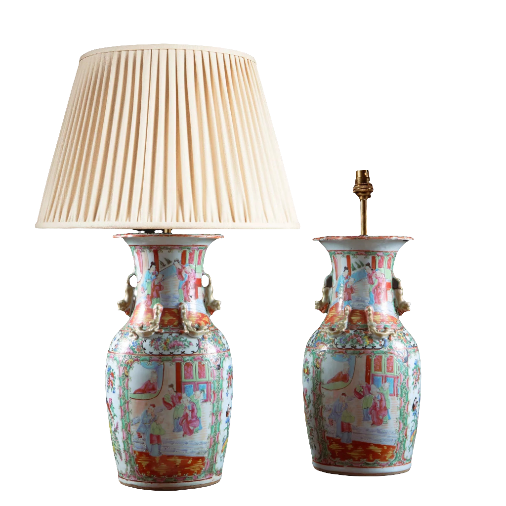 Pair of Chinese Canton Vases Mounted as Table Lamps, 19th century porcelain with court scene decoration.