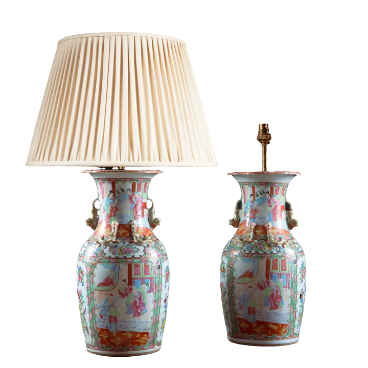 Pair of Chinese Canton Vases Mounted as Table Lamps, 19th century porcelain with court scene decoration.