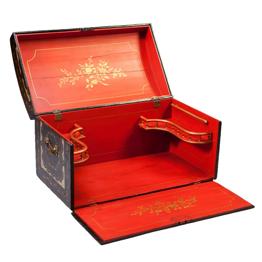 Chinese export Metamorphic Scholars Campaign Chest Desk black lacquer with gold silver decoration circa 1800 open red interior