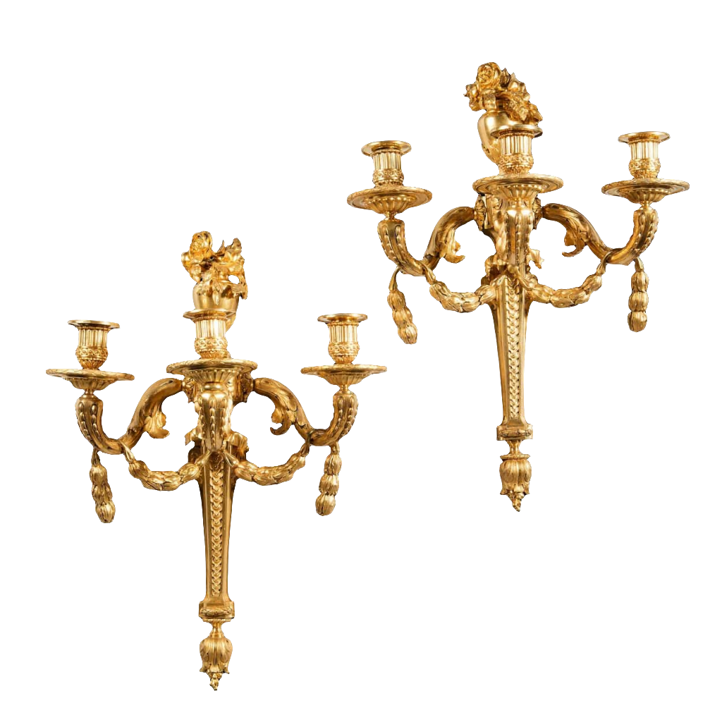 Monumental Pair Of Louis XVI Gilt Bronze Wall Appliques