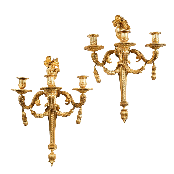 Monumental Pair Of Louis XVI Gilt Bronze Wall Appliques