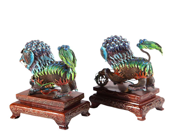 Pair of Chinese silver gilt enamel Dogs of Fo