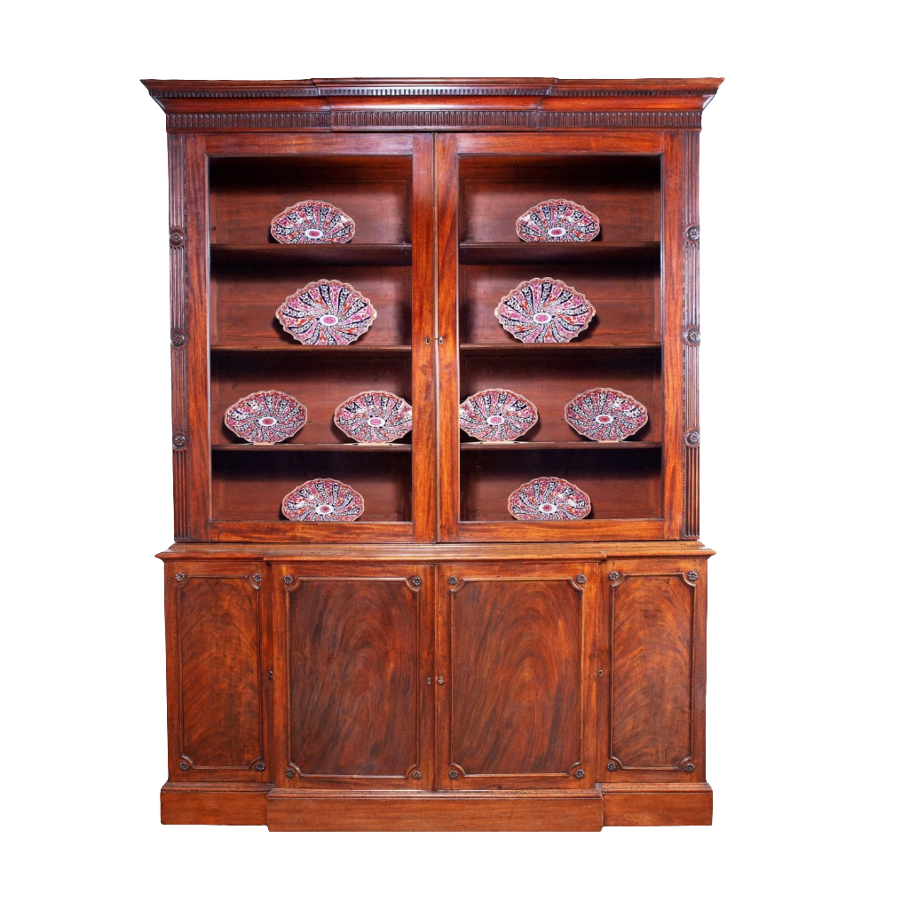 George III Chippendale period mahogany breakfront bookcase with glazed doors and carved detailing circa 1780.