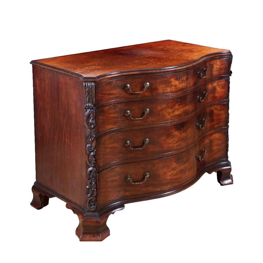 George III Chippendale Mahogany Serpentine Commode with four oak drawers and carved fruiting vine pilasters.