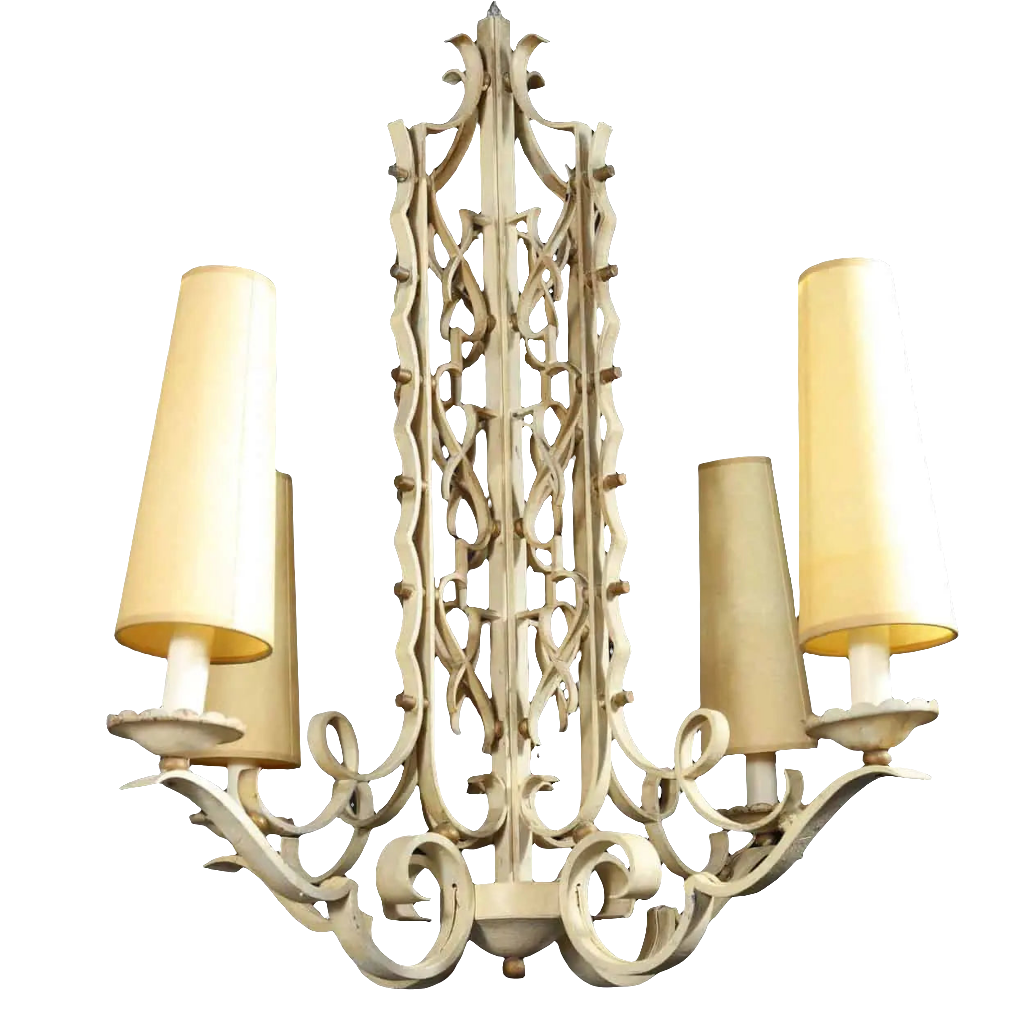 A French modernist white painted Iron chandelier