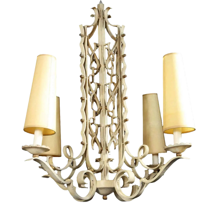 A French modernist white painted Iron chandelier