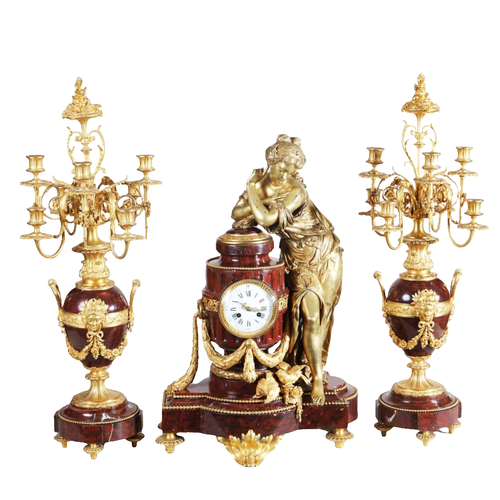French Ormolu Mounted Rouge Griotte Marble Figural Clock Garniture