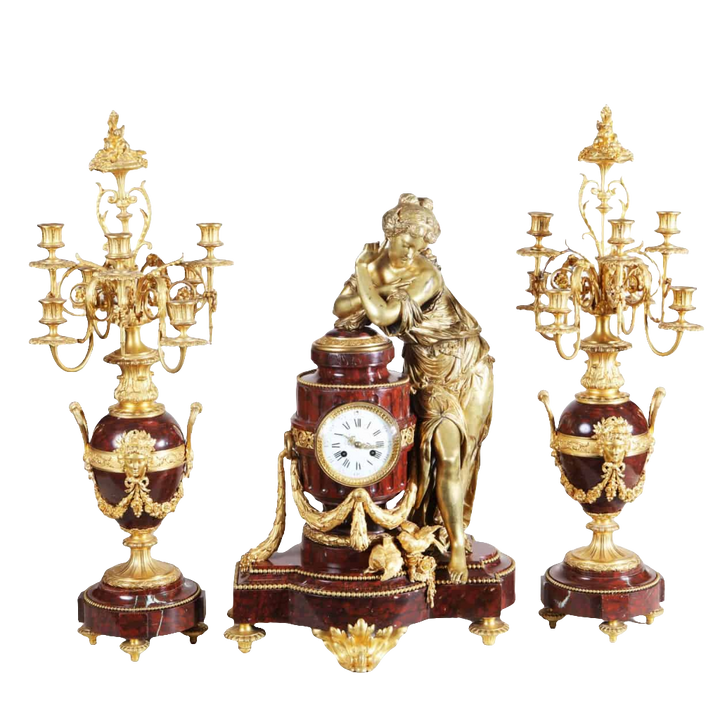 French Ormolu Mounted Rouge Griotte Marble Figural Clock Garniture
