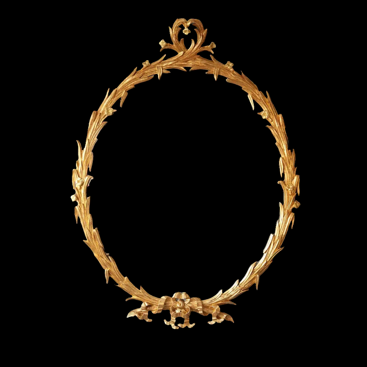 Substantial oval giltwood mirror with ornate 19th-century English gold leaf frame, large decorative vintage wall mirror.