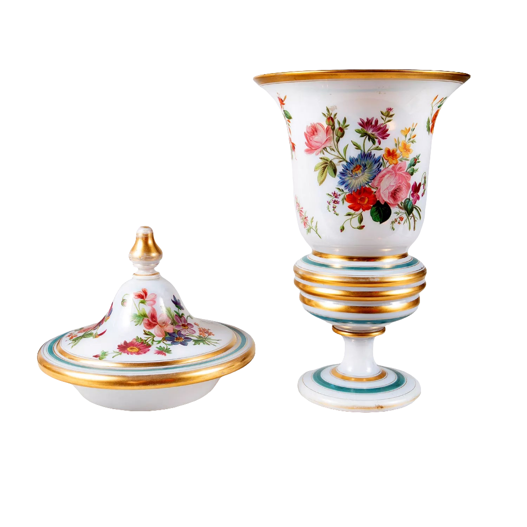 Pair of French 19th Century Opaline Urns and Covers