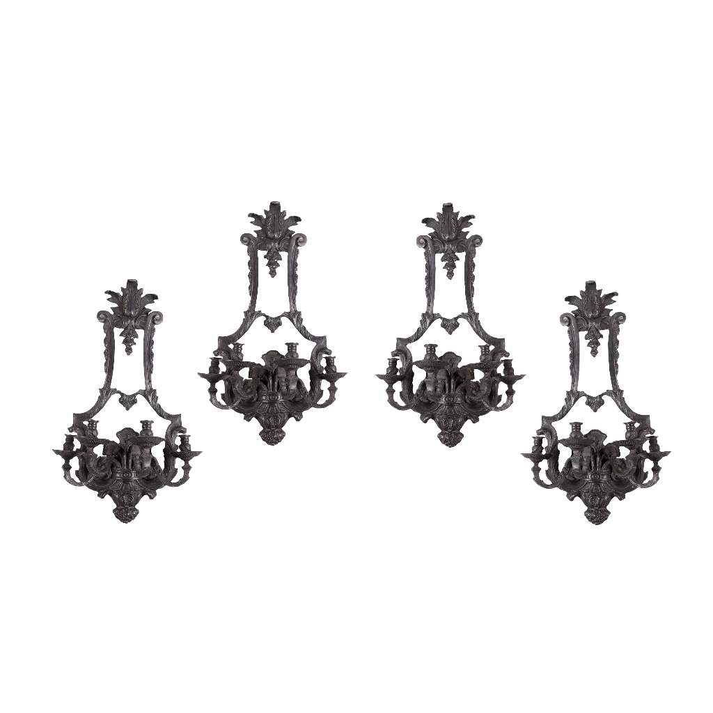 Set of Four Louis XIV style 20th century bronze four light wall appliques