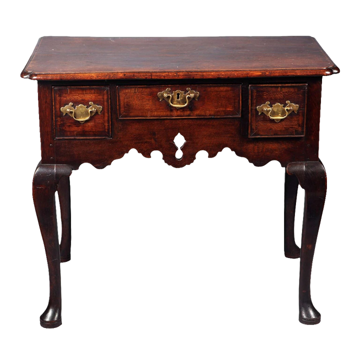 George I Oak Lowboy with three drawers, original brass hardware, pierced apron, and cabriole legs with pad feet.