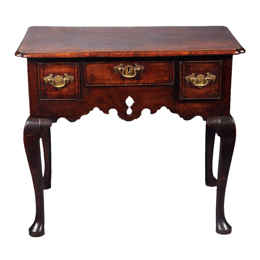 George I Oak Lowboy with three drawers, original brass hardware, pierced apron, and cabriole legs with pad feet.