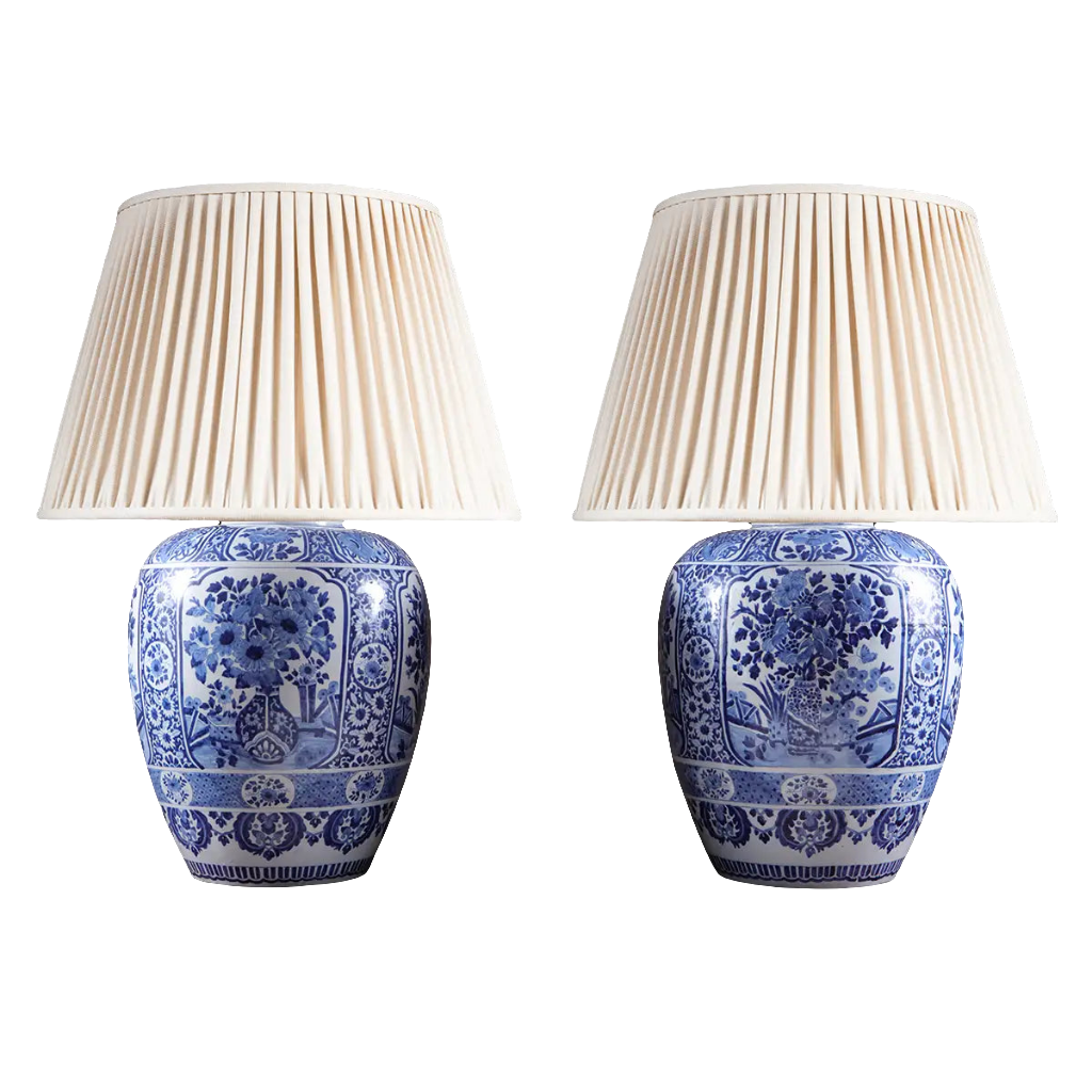 Large Pair of Blue and White Delft Table Lamps with floral Kangxi-inspired designs, circa 1800, elegant Dutch craftsmanship.
