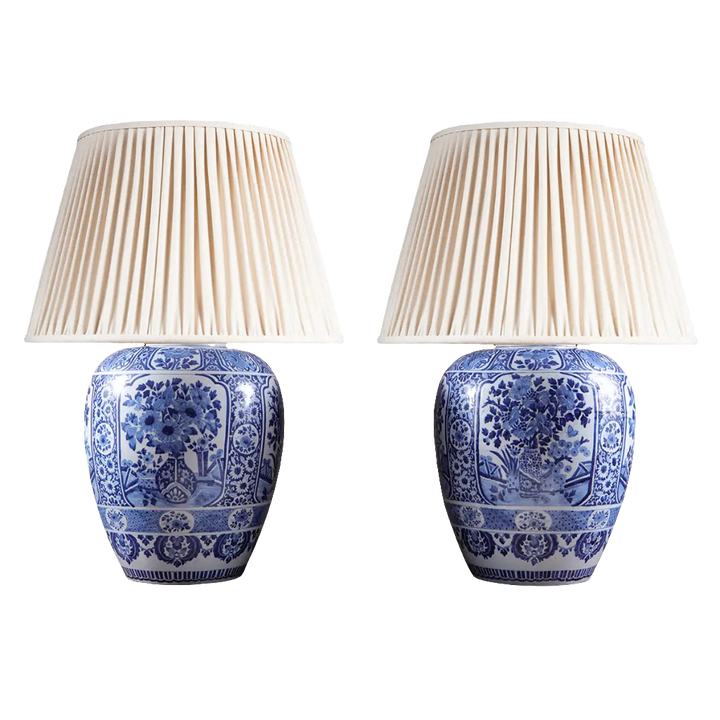 Large Pair of Blue and White Delft Table Lamps with floral Kangxi-inspired designs, circa 1800, elegant Dutch craftsmanship.