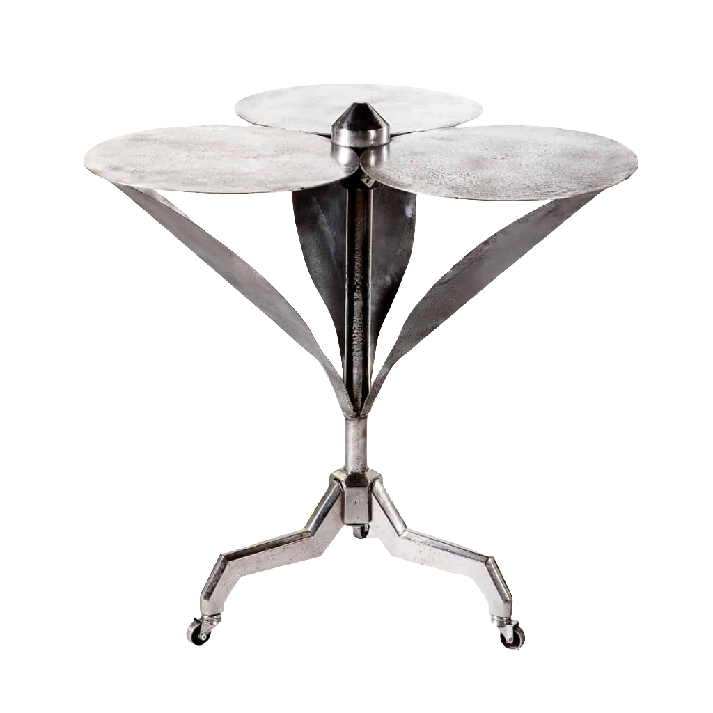 Art Deco Polished Steel Flower Table with three circular tops and a tripod base on casters, circa 1930 France.
