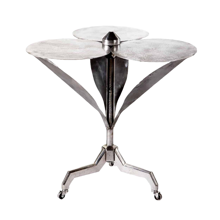 Art Deco Polished Steel Flower Table with three circular tops and a tripod base on casters, circa 1930 France.