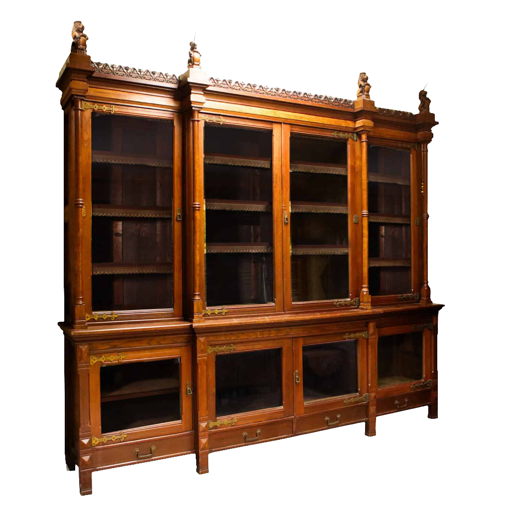 Aesthetic Movement Breakfront Bookcase oak with glazed doors and decorative lions and unicorns cornice circa 1880 England