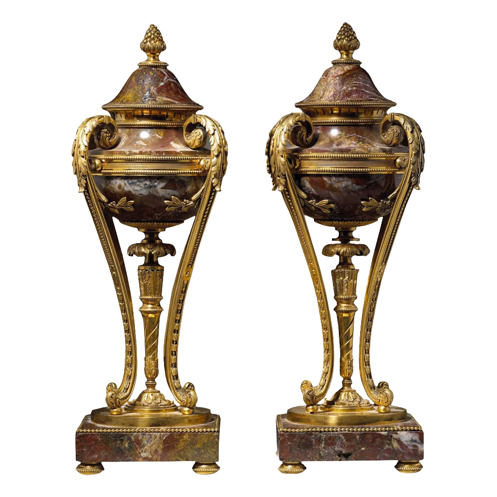 Pair of Sicilian Red Jasper Covered Gilt Bronze Urns