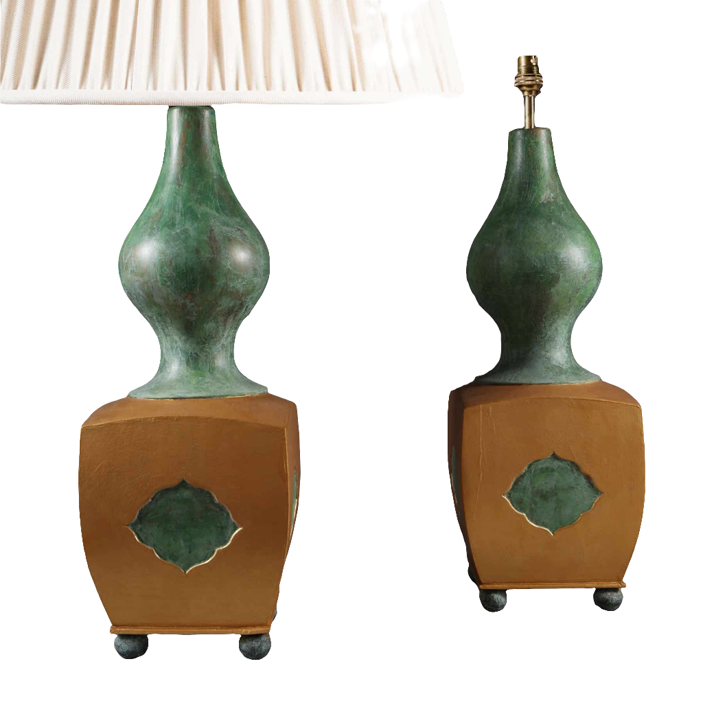 Pair of Green and Gold Lacquered Wooden Table Lamps with Chinese inspired design and square gold bases on small feet