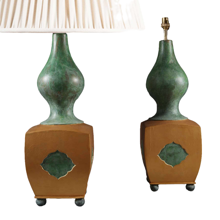 Pair of Green and Gold Lacquered Wooden Table Lamps with Chinese inspired design and square gold bases on small feet