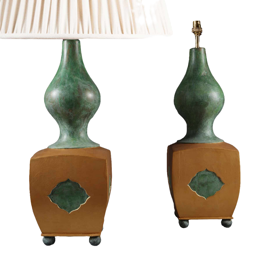 Pair of Green and Gold Lacquered Wooden Table Lamps with Chinese inspired design and square gold bases on small feet