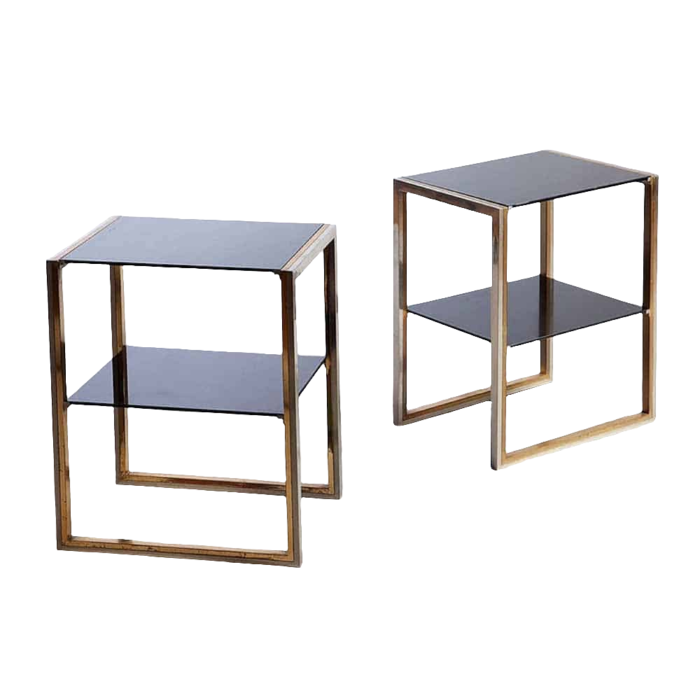 Pair Of Willy Rizzo Chrome and Brass End Tables with two black shelves, Italy circa 1975, modern vintage design.