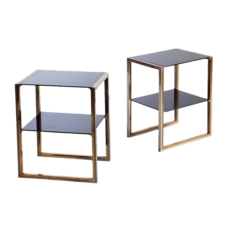 Pair Of Willy Rizzo Chrome and Brass End Tables with two black shelves, Italy circa 1975, modern vintage design.