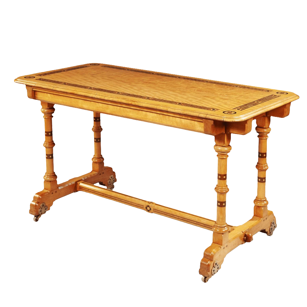 Arts And Crafts Writing Table By Marsh And Jones inlaid satinwood with turned columns and trefoil brass casters.