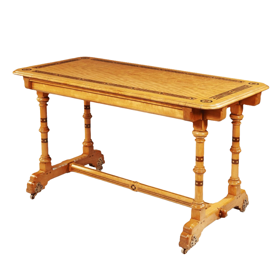 Arts And Crafts Writing Table By Marsh And Jones inlaid satinwood with turned columns and trefoil brass casters.