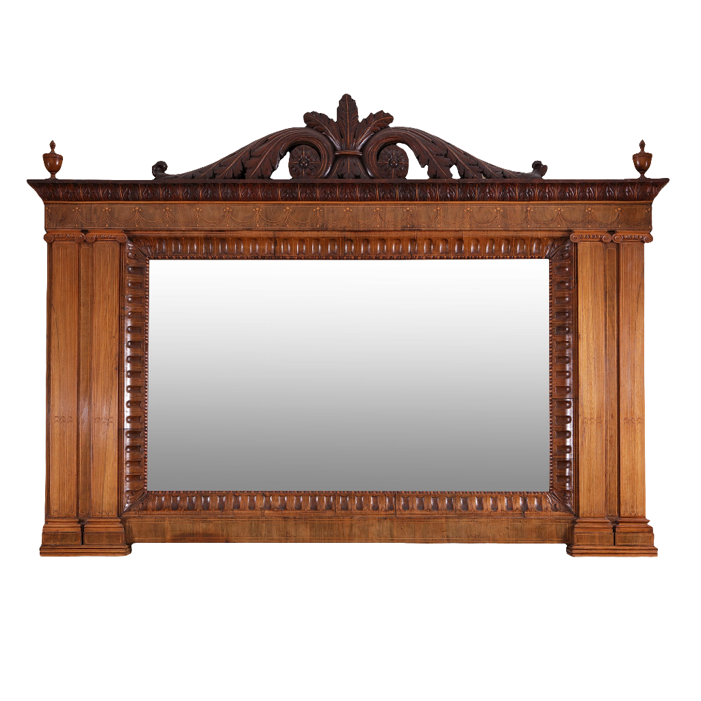 Mahogany Overmantel Mirror in the Manner of Robert Adam with carved acanthus leaf and double ionic pilasters.