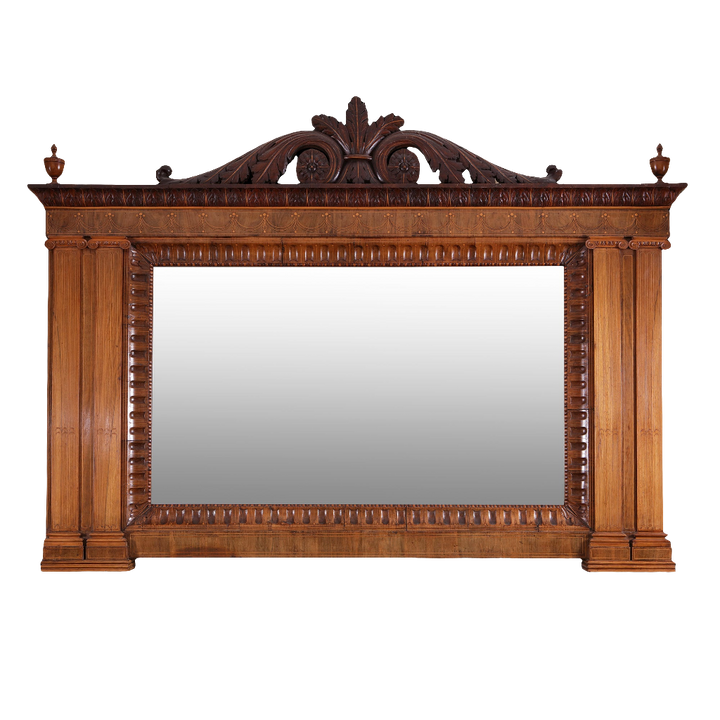 Mahogany Overmantel Mirror in the Manner of Robert Adam with carved acanthus leaf and double ionic pilasters.