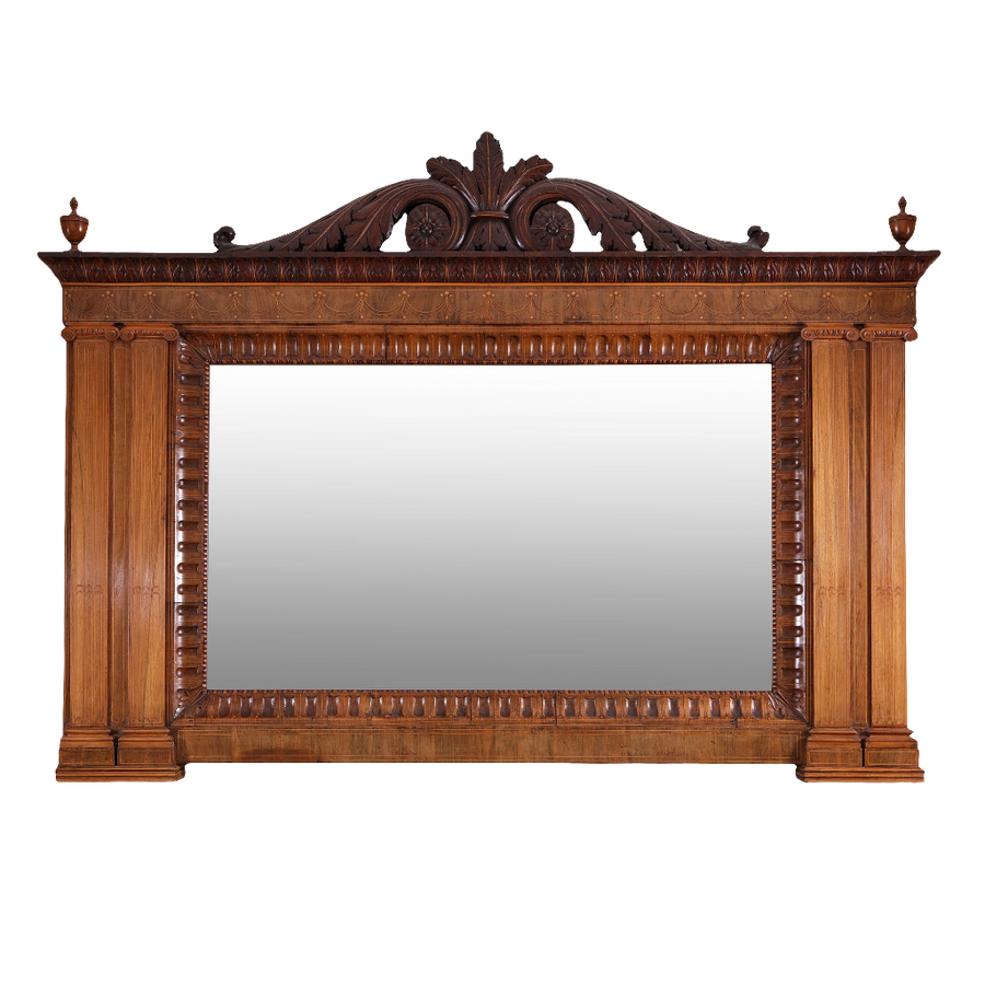 Mahogany Overmantel Mirror in the Manner of Robert Adam with carved acanthus leaf and double ionic pilasters.