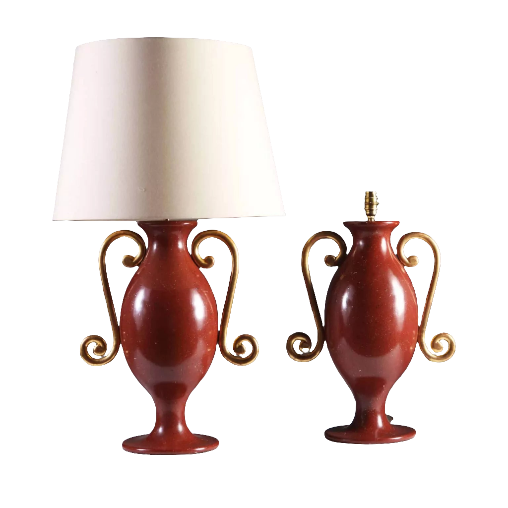 Faux Porphyry Baluster Lamps by Andrew Allfree, classical wooden vases with gold leaf scroll arms, pair from Chateau Collection.