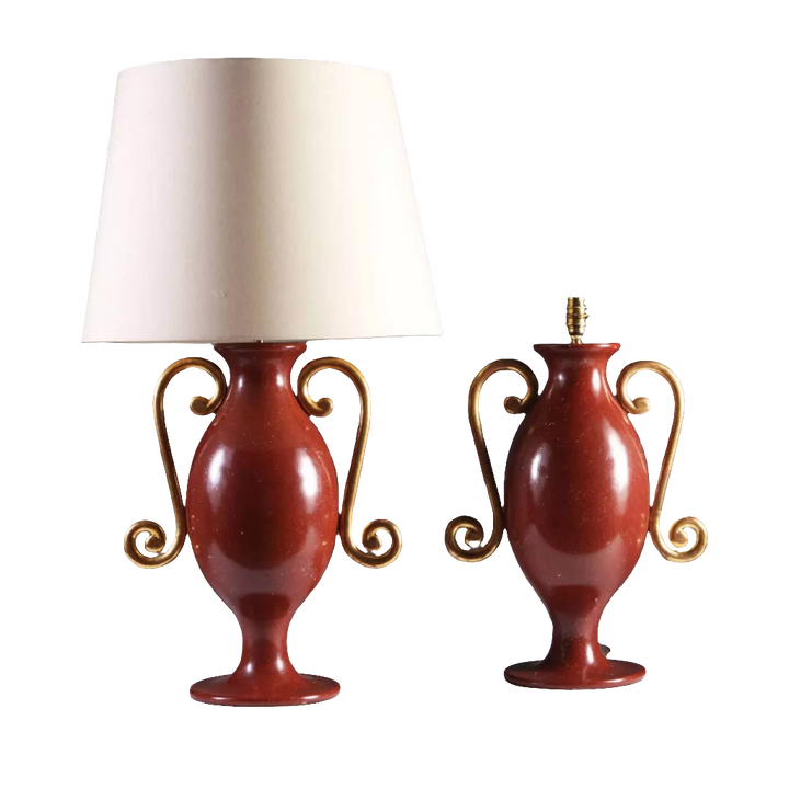 Faux Porphyry Baluster Lamps by Andrew Allfree, classical wooden vases with gold leaf scroll arms, pair from Chateau Collection.