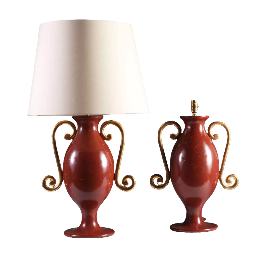Faux Porphyry Baluster Lamps by Andrew Allfree, classical wooden vases with gold leaf scroll arms, pair from Chateau Collection.