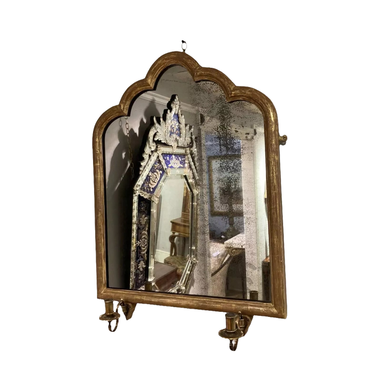 Pair of Decorative Gothic Giltwood Girandole Mirrors with central dual candle arms, 19th century England.