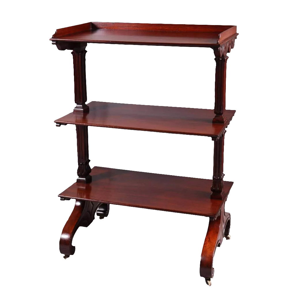 William IV Mahogany Etagere three-tier mid-19th-century shelf with carved legs and wheels England circa 1840
