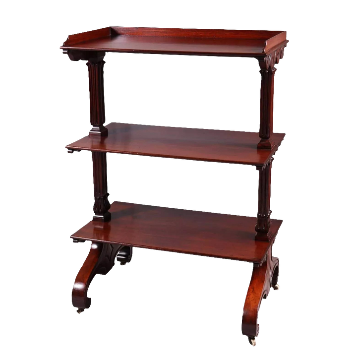 William IV Mahogany Etagere three-tier mid-19th-century shelf with carved legs and wheels England circa 1840