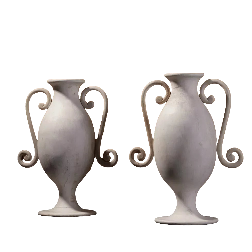 A pair of painted wood lamp bases designed by Andrew Allfree with elegant curled handles and undercoat paint finish.