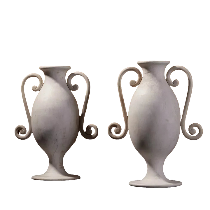 A pair of painted wood lamp bases designed by Andrew Allfree with elegant curled handles and undercoat paint finish.