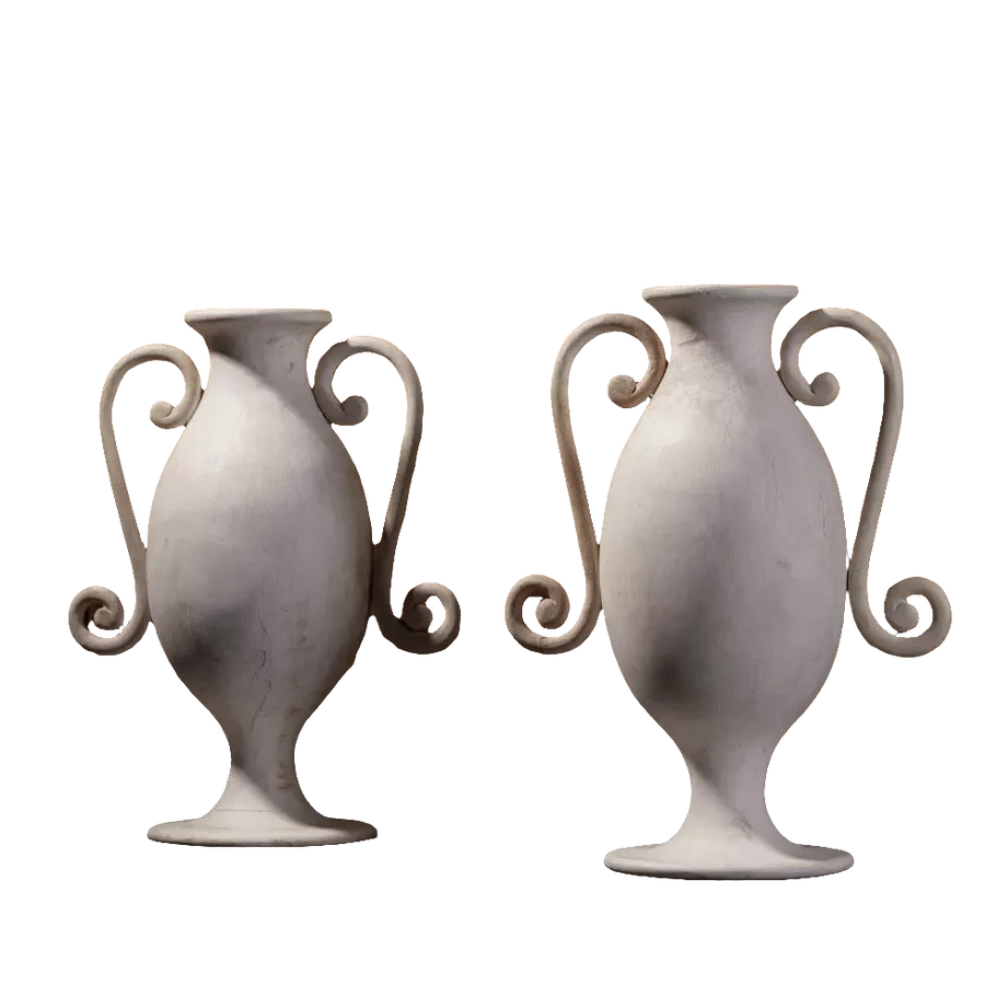 A pair of painted wood lamp bases designed by Andrew Allfree with elegant curled handles and undercoat paint finish.