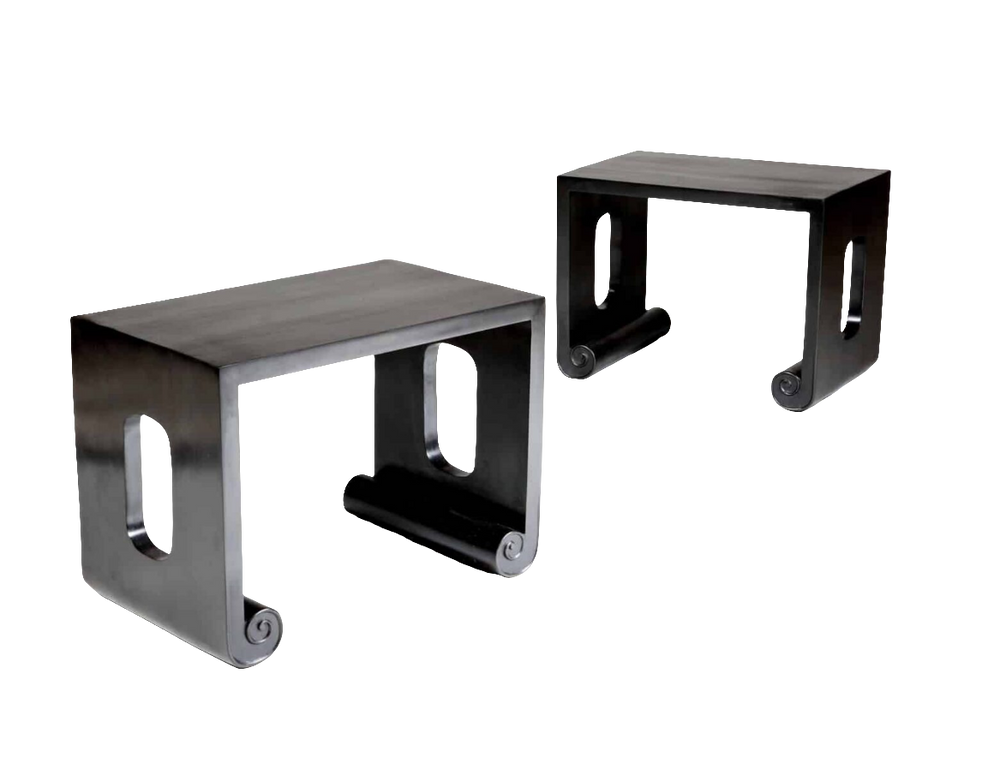 Pair of Black Ebony End Tables with Chinese-inspired curved design, pierced handles, and scroll feet, solid ebony wood.