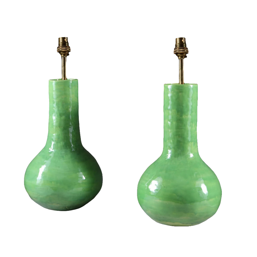 Pair of green vase lamps with glazed finish by Andrew Allfree, height 38 cm, diameter 21 cm, elegant design.