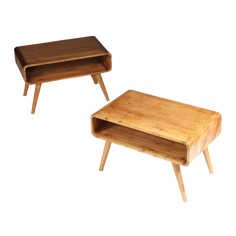 Pair of 20th Century Bedside Tables, France circa 1970, wooden open shelf design with angled legs, set of two.