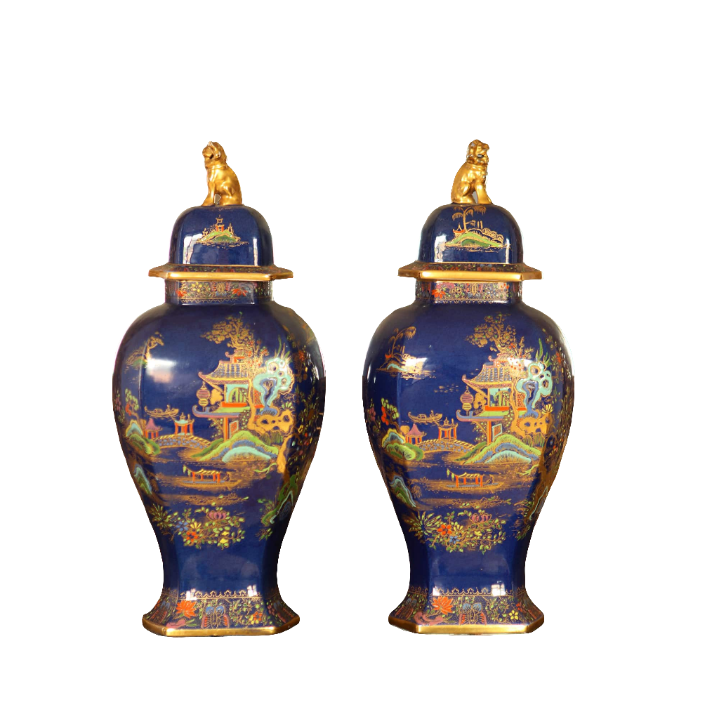 Pair Of Polychrome Over Powder Blue Chinoiserie Vases