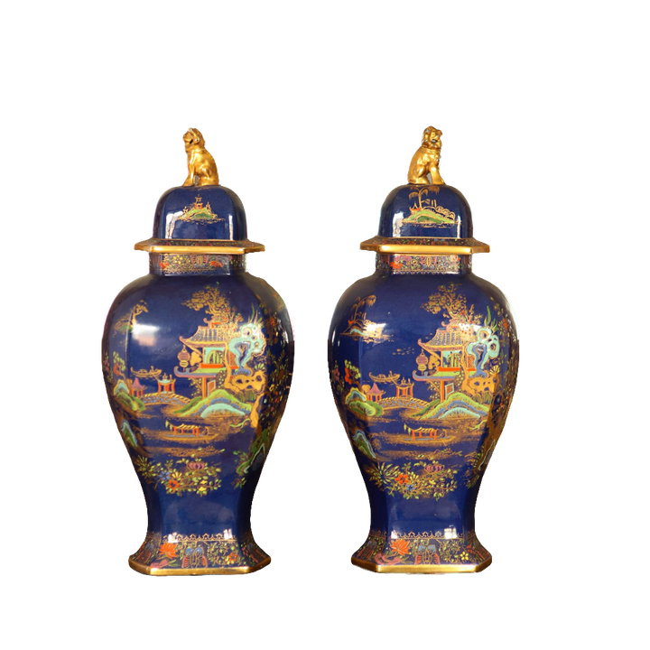Pair Of Polychrome Over Powder Blue Chinoiserie Vases