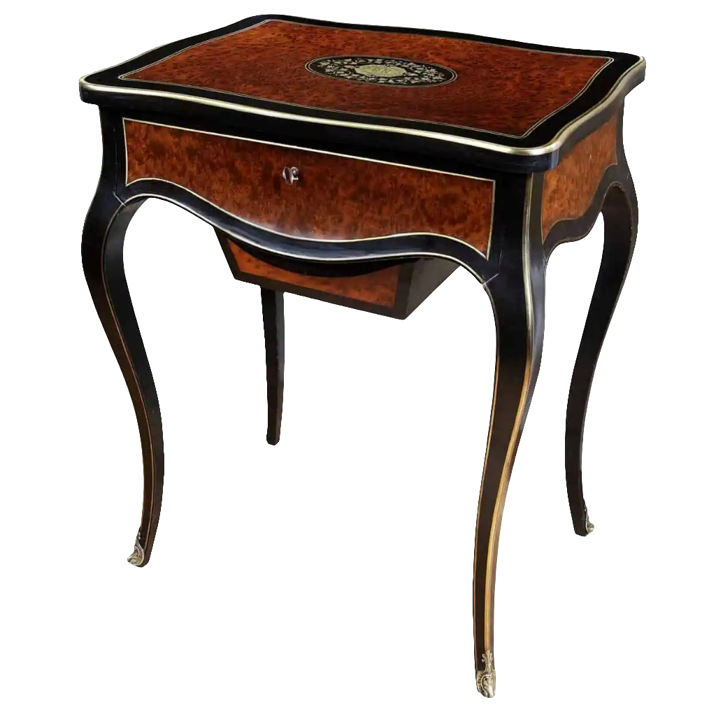 Paul Sormani Exotic Amboyna Work Table with curved legs, ebony and brass details, and intricate wood veneer design.