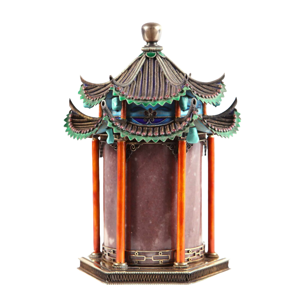 Chinese silver gilt, jade, and enamel pagoda temple casket by Nicholas Wells Antiques, 20th century, intricate design, 18 cm tall